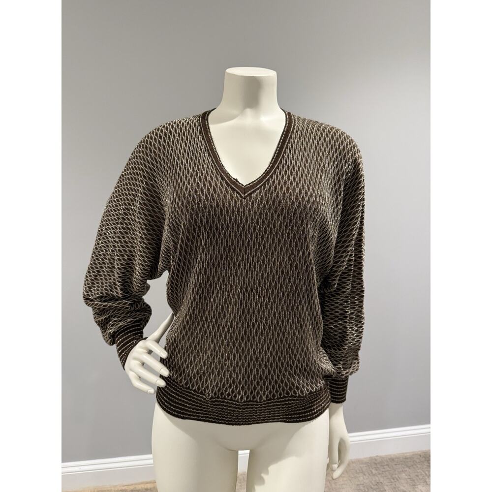 VtG 70s Black & Metallic Gold Knit Vertical Geometric Pattern Pullover Sweater